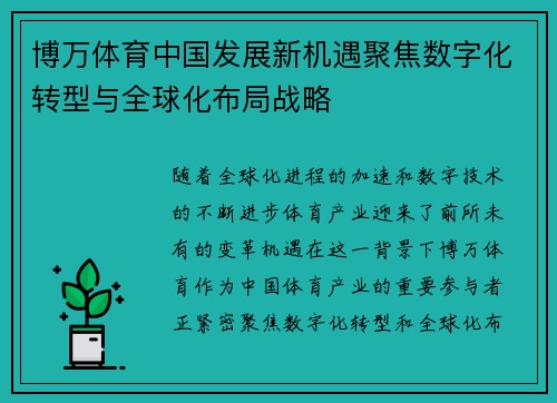 博万体育中国发展新机遇聚焦数字化转型与全球化布局战略
