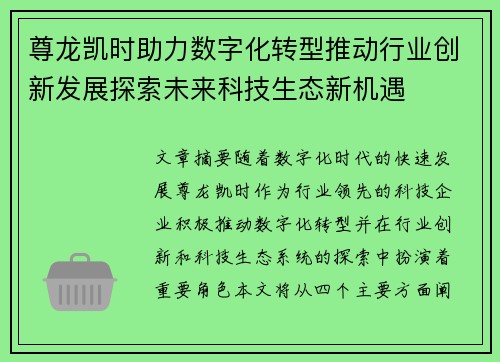 尊龙凯时助力数字化转型推动行业创新发展探索未来科技生态新机遇