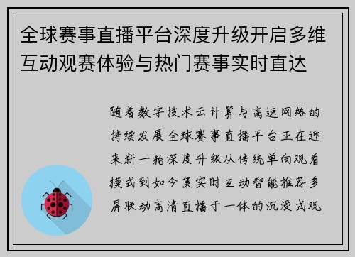 全球赛事直播平台深度升级开启多维互动观赛体验与热门赛事实时直达 全球赛事直播平台深度升级开启多维互动观赛体验与热门赛事实时直达