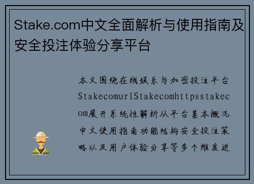 Stake.com中文全面解析与使用指南及安全投注体验分享平台