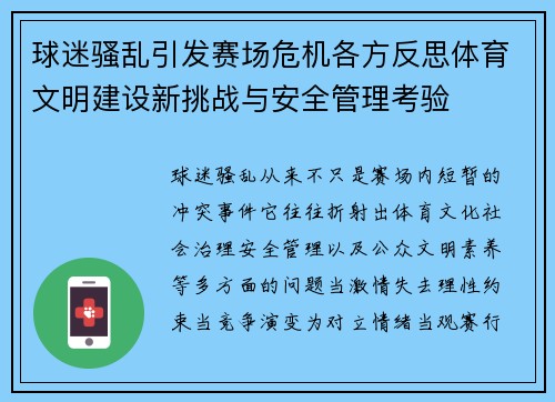 球迷骚乱引发赛场危机各方反思体育文明建设新挑战与安全管理考验